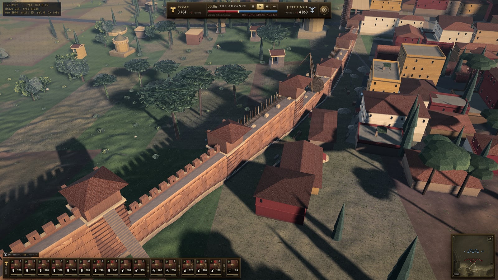 The Aurelian Wall in raking light, the Juthungi host beyond it and Rome behind — a frame from the game's own screenshot harness.